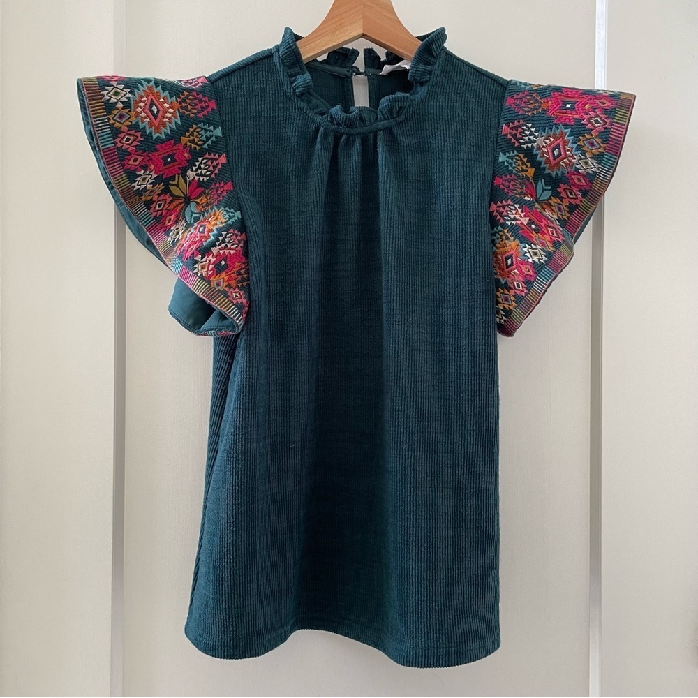 THML It's All You Teal Blue Embroidered Blouse Size XS - Picture 4 of 9